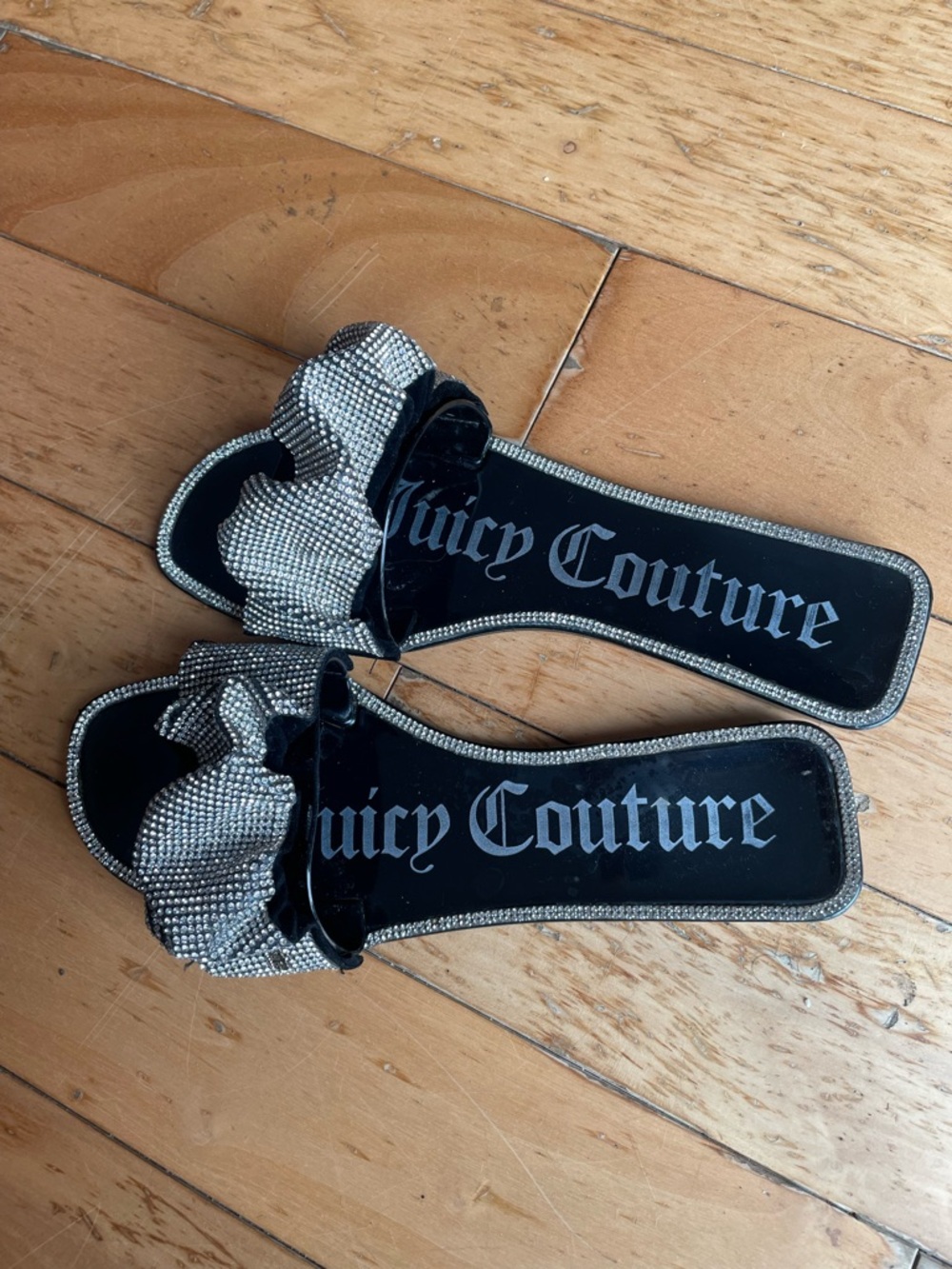 Juicy Couture Black Slide Sandals with Silver Rhinestone Ruffle